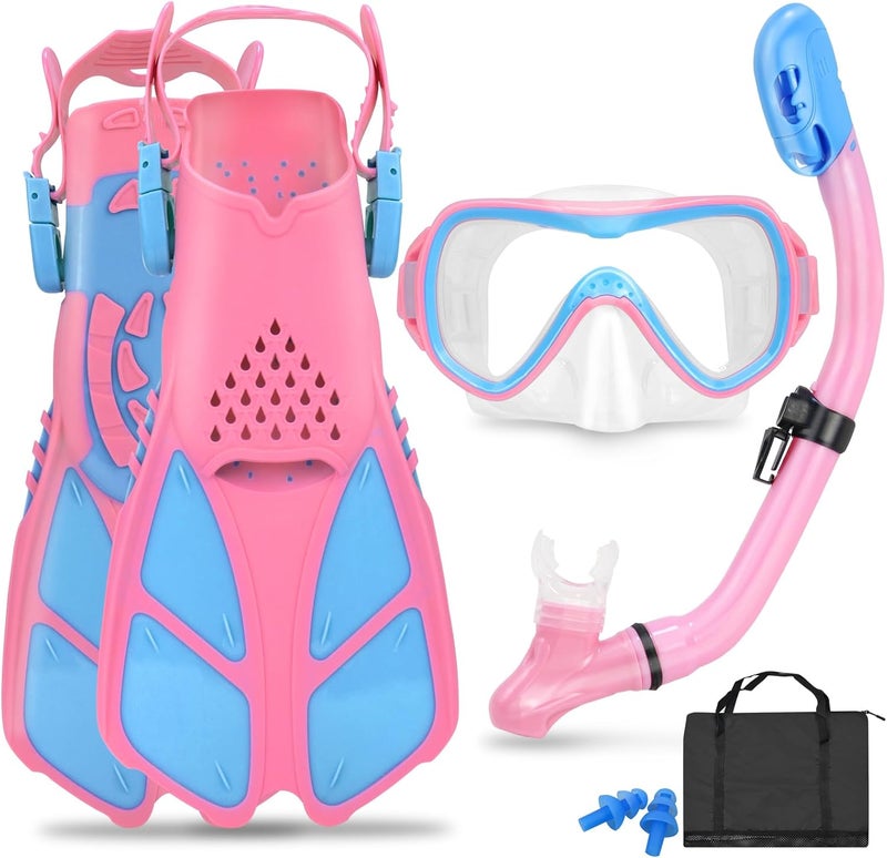 FosDero Kids Snorkel Set Mask Fins-Panoramic Snorkel Mask+Dry Top Snorkel+Adjustable Swim Fins+Mesh Bag+Earplugs for Boys Girls, Junior Snorkeling Gear for Kids Ages 5-14 - Image 1